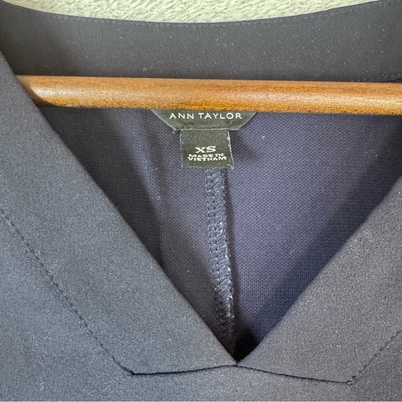 Ann Taylor Navy Blue V Neck Blouse with Ruffled Short Sleeves - Picture 2 of 9